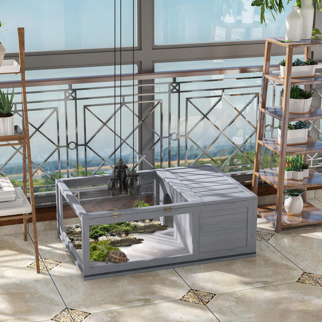 PawHut Tortoise House with Mesh Roof Small Pet Reptile Wooden House - Grey 32cm H X 91cm W X 60.5cm D