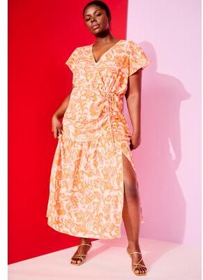 Plus Size Women's Faux-Wrap Maxi Dress by June & Vie in Bouquet Orange (Size 30/32)