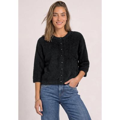 Cardigan STREET ONE, Damen, Gr. 42, schwarz, Grobstrick, 55% Polyester, 45% Baumwolle, unifarben, comfort fit normal, Rundhals, abgesteppt, Strickjacken, mit Rundhalsausschnitt