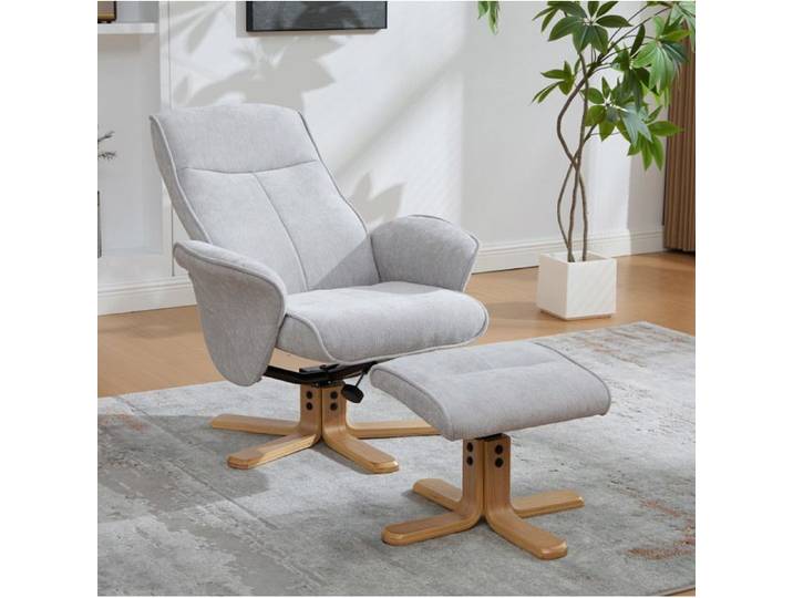 Fauteuil relax pivotant scandinave gris avec repose-pieds tissu chenille dossier inclinable 145°