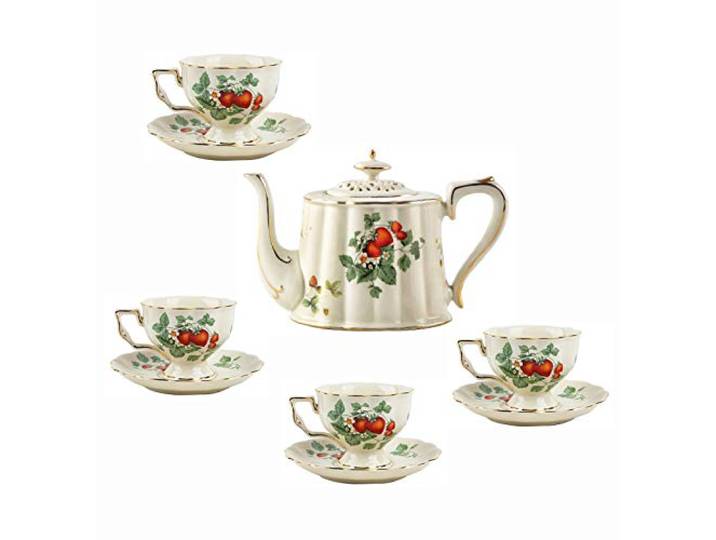 GLJTUO Britisches Porzellan-Teeservice, Vintage, Erdbeer-Kaffeeservice Aus Keramik, Teetasse Und Untertasse, Geschenkset, Teeservice Für Erwachsene, Hochzeit, Geburtstag,