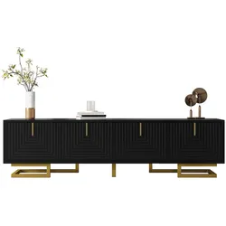 OKWISH TV-Schrank 160x38x44,5 cm Schwarz mit 4 Türen Regal Stauraum goldene Griffe Metallfüße moderner Fernsehtisch Wohnzimmer Möbel