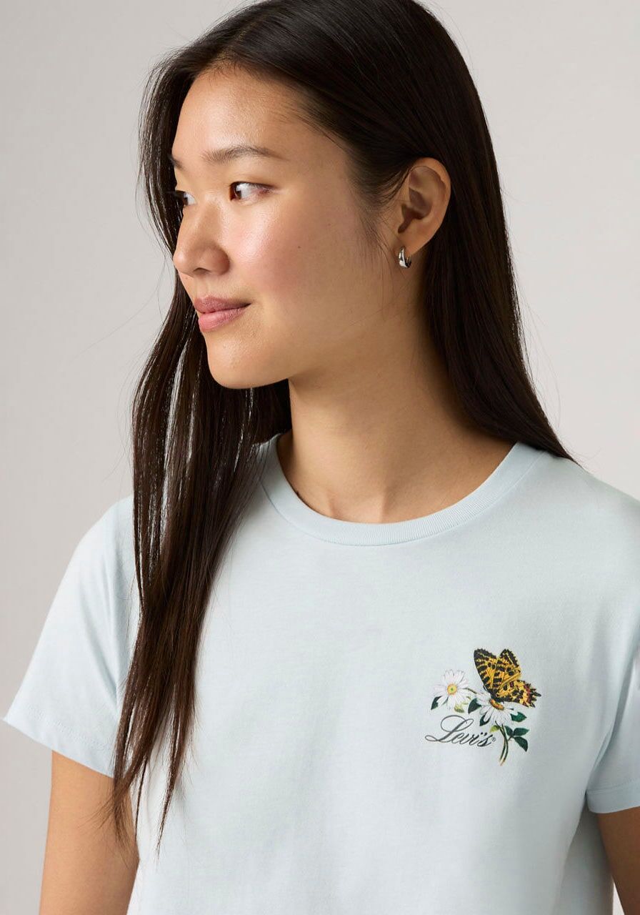 T-Shirt LEVI'S "THE PERFECT TEE", Damen, Gr. M (38), weiss (butterfly on daisy country air), Single Jersey, Obermaterial: 100% Baumwolle, normal, Rundhals, abgesteppt, Shirts T-Shirt, mit Batwing-Logoprint butterfly on daisy country air M (38)