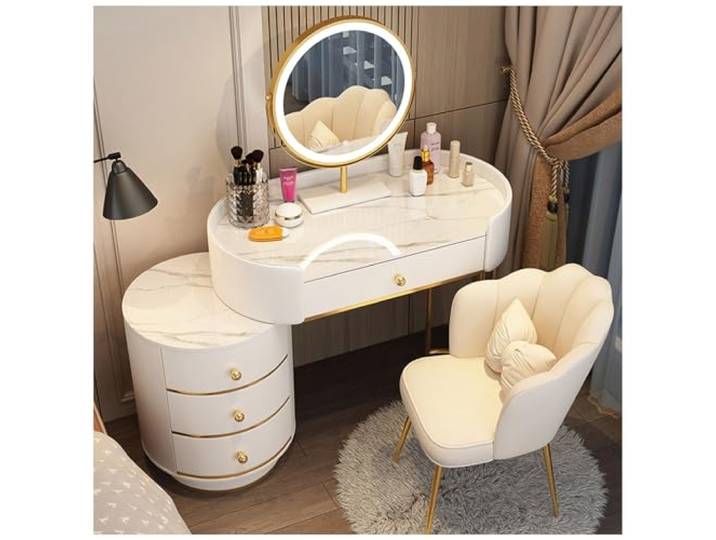 Romyqpipy Schminktisch mit Spiegel, Luxuriöser Modern Kosmetiktisch mit 5 Schubladen und Stuhl, Beweglicher Seitenschrank, Frisiertisch für Mädchen Schlafzimmer, Einfach zu Montieren