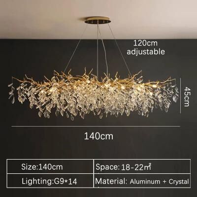 GlowBake Luxury Gold Crystal LED Chandelier, Elegant Ceiling Light For Living Room, Dining & Bedroom 140cm warm Light