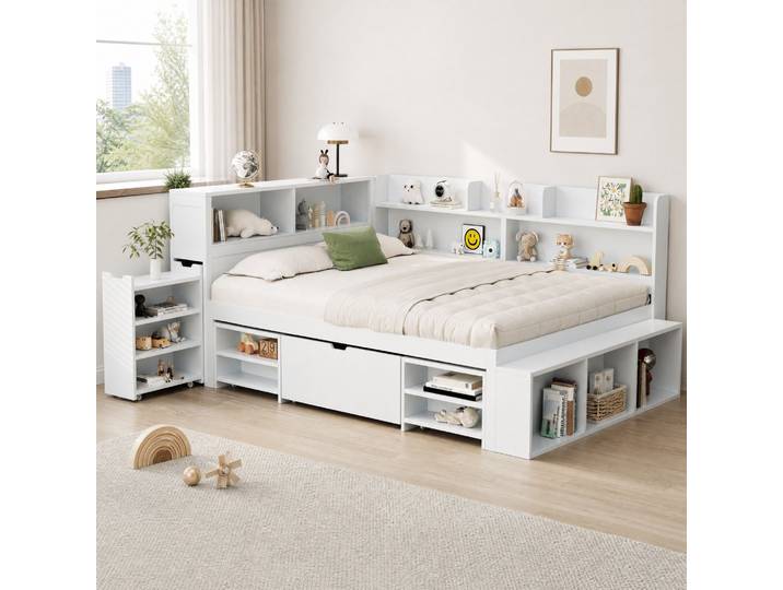 Desmiu Lit Enfant 2 Places Avec Tiroir\, Bibliothèques Et Rangements 140 × 200 Cm\, Sans Matelas\, Blanc