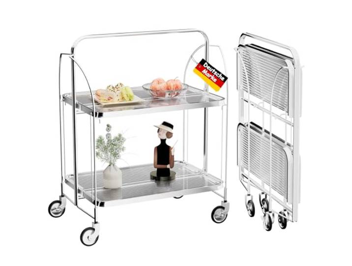 Servierwagen mit Rollen, Servierwagen Klappbar, Dinett 2 Tier Ablagekorb aus Temperglas with Wheels, für Küche, Barwagen, Rollwagen Metall, Teewagen, Weinwagen, moderner Getränkewagen