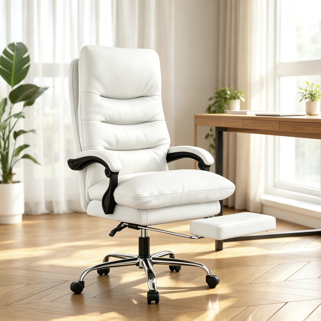 Inbox Zero Ergonomic High Back Office Chair with Footrest, Faux Leather Executive Desk Chair White 122cm H X 70cm W X 70cm D
