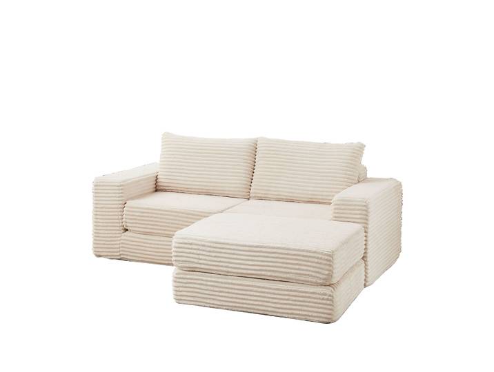 Elvmi Canapé Convertible Modulaire Avec Méridienne\, Accoudoirs Carrés Et Pouf Amovible En Cordon Beige
