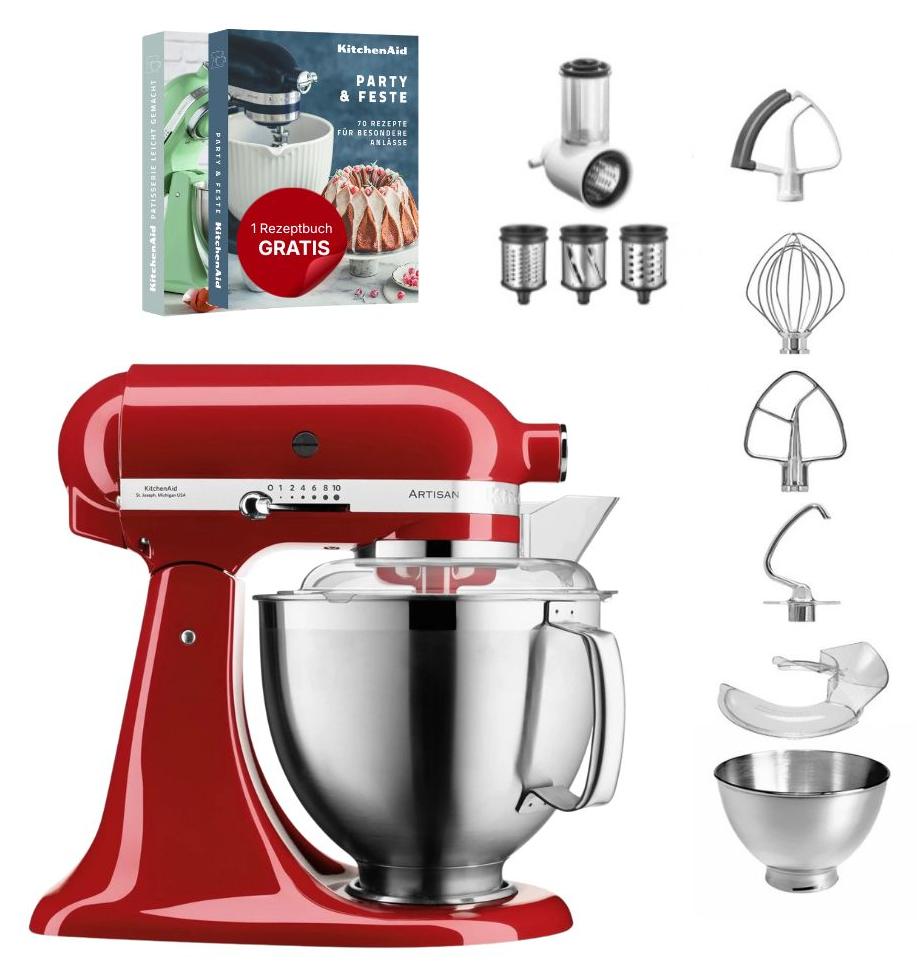 KitchenAid 4,8 L 5KSM185 Artisan Küchenmaschine Set 2 Artisan Gemüseschneider+Flexirührer Empire Rot