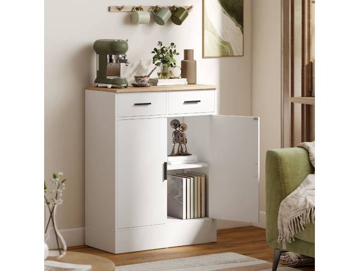 HOMCOM Buffet Rangement 2 Portes 2 Tiroirs Bois Blanc