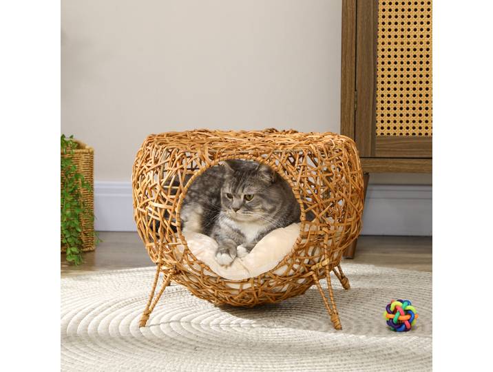 PawHut Niche Chat Rotin Coussin Épais 40x32cm Marron