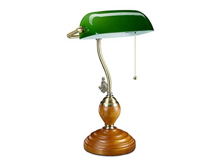 Relaxdays Lampe de banquier Interrupteur à Tirette\, Abat Jour inclinable\, Socle Bois\, Design Retro\, Douille E27\, Bureau.