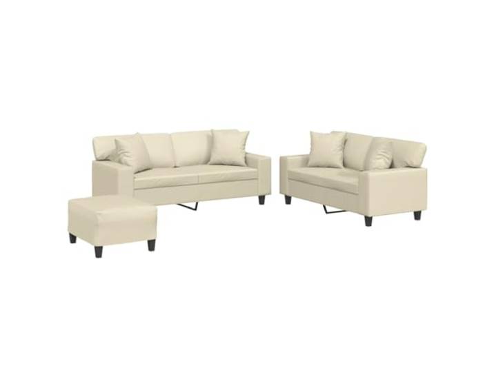 Coespram 3-tlg. Sofagarnitur mit Hocker und Kissen, Kunstleder Creme Bequeme Polsterung für entspannte Stunden im Wohnzimmer, pflegeleichte Oberfläche und flexibel stellbarer Polsterhocker.