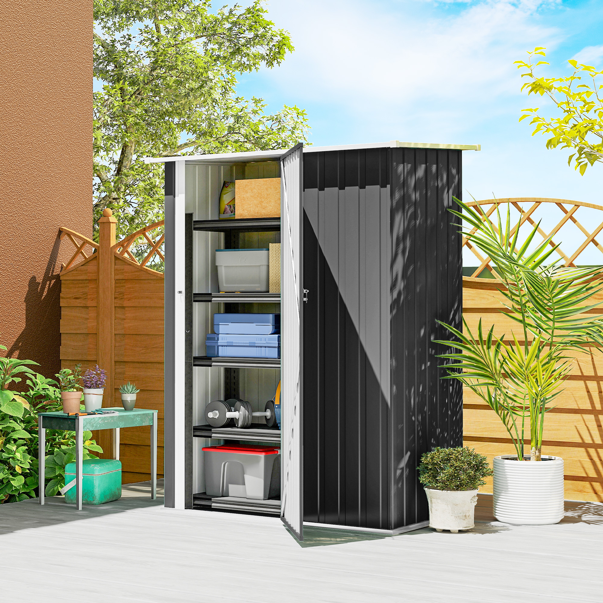 Outsunny Capanno Porta Attrezzi in Metallo con Tetto Inclinato e Porta Bloccabile, 142x86x189 cm, Grigio Scuro   Aosom Italy