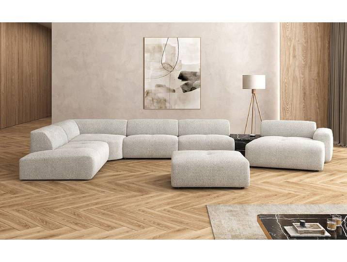 Designer Wohnlandschaft Calm mit Beistellhocker in Bouclé - Hellgrau - Links - Bouclé - Luxusbetten24