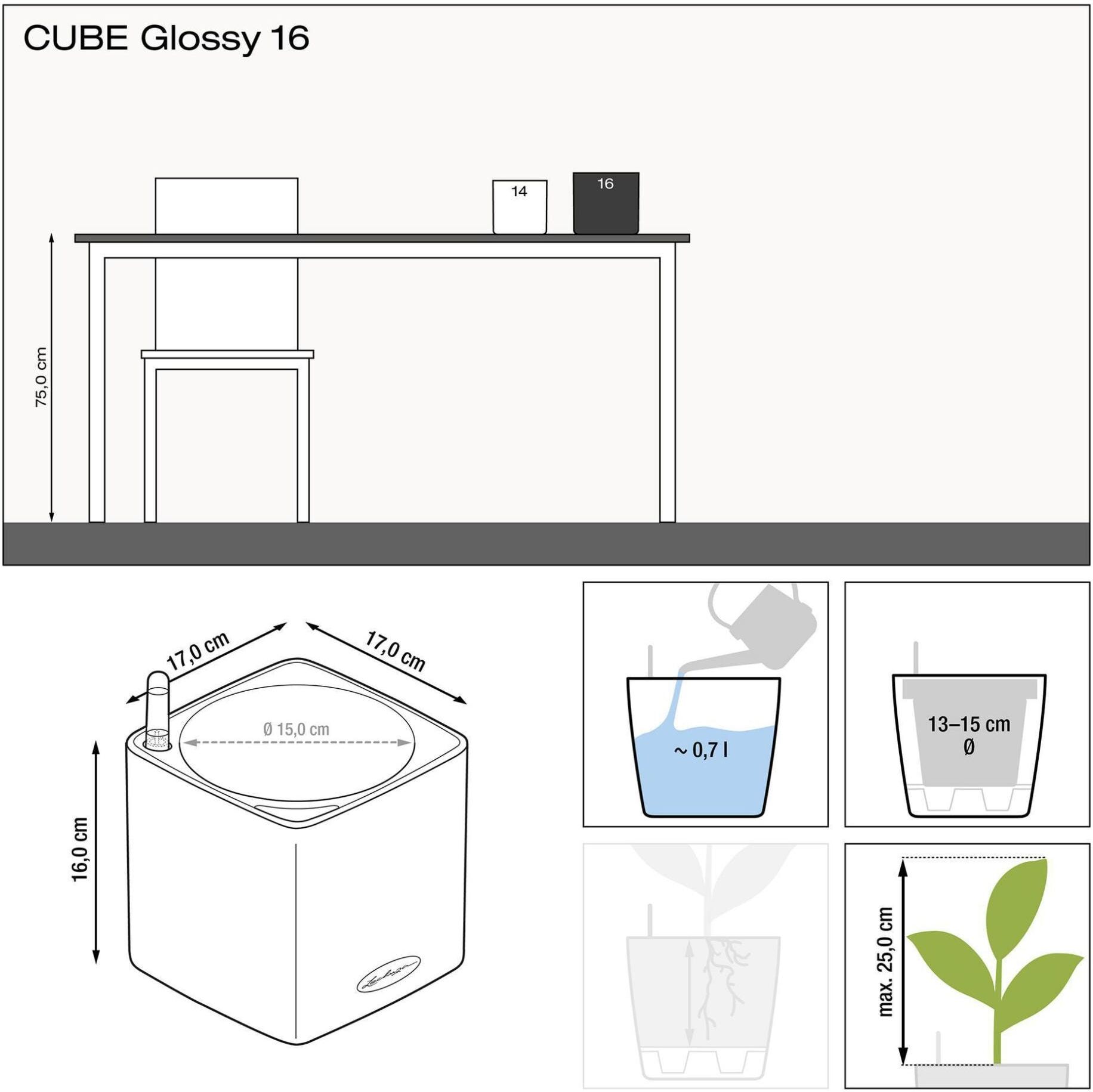 Blumentopf "Lechuza Blumentopf CUBE Glossy 16 S", schwarz, B:16cm H:16cm T:16cm, Pflanzgefässe, Blumentopf, Material: Polypropylen schwarz B/H/T: 16cm x 16cm x 16cm