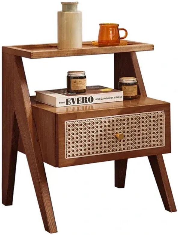 Corrigan Studio Mina Solid Wood & Rattan Bedside Cabinet Walnut 51cm H X 45cm W X 36cm D