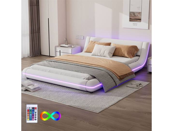 DRIPEX Lit rembourré 140×200cm avec lumière LED et sommier à lattes lit de sol en PU Blanc