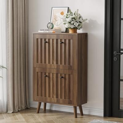 "Medieval-Style 23.6"" Shoe Cabinet with Tilt-Out Drawers, Vertical Grooved Design & Adjustable Shelves by GDFStudio"