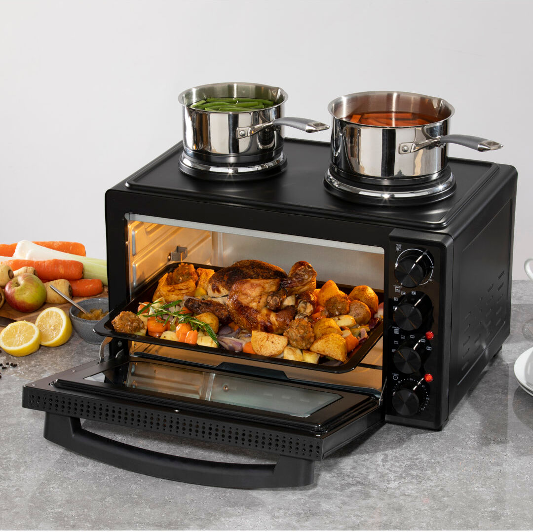 Daewoo 1500W 32L Electric Oven & 1000W & 600W Hot Plate Hobs 90-230 Degrees 60min Timer Black