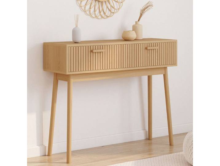 IDMARKET Console 2 tiroirs JULIETTE lattes tasseau bois coloris chêne