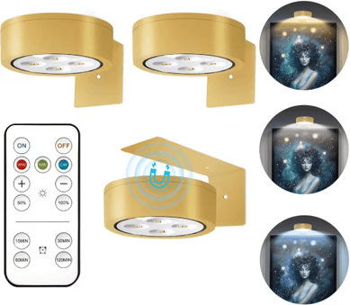 Inspire Picks 3PCS Magnetic LED Picture Lights Battery Operated Art Display Lights With Remote, Timer & 3 Lighting Modes gold