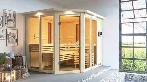 Elementsauna Karibu Avara inkl. 9 kW Ofen u.ext.Steuerung mit Dachkranz und bronzierter Ganzglastüre