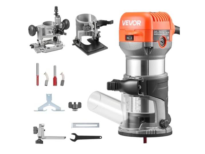 VEVOR Affleureuse 710 W Défonceuse Compacte 6 Vitesses pour Travail Bois\, Finition\, avec Démarrage Progressif\, Base Fixe\, Inclinable\, Plongeante\, Capot d'Aspiration Poussière\, Guide Parallèle\, Filaire