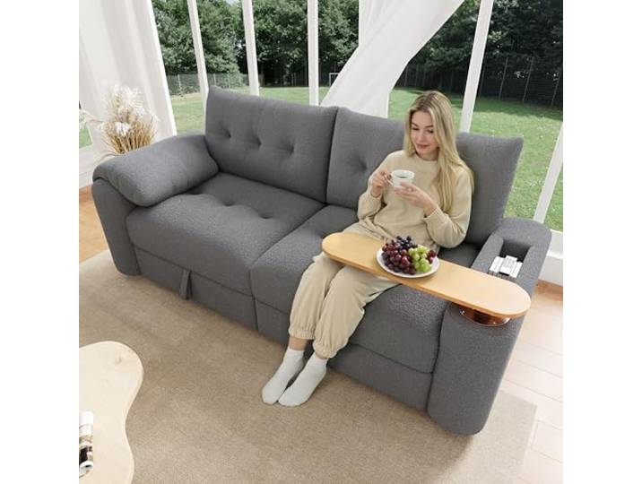 BTM Teddyplüsch 3-Sitzer Sofa Kleines Chaiselongu mit Stauraum, Kopfstütze, Beistelltisch Schlafcouch für Wohnzimmer Grau