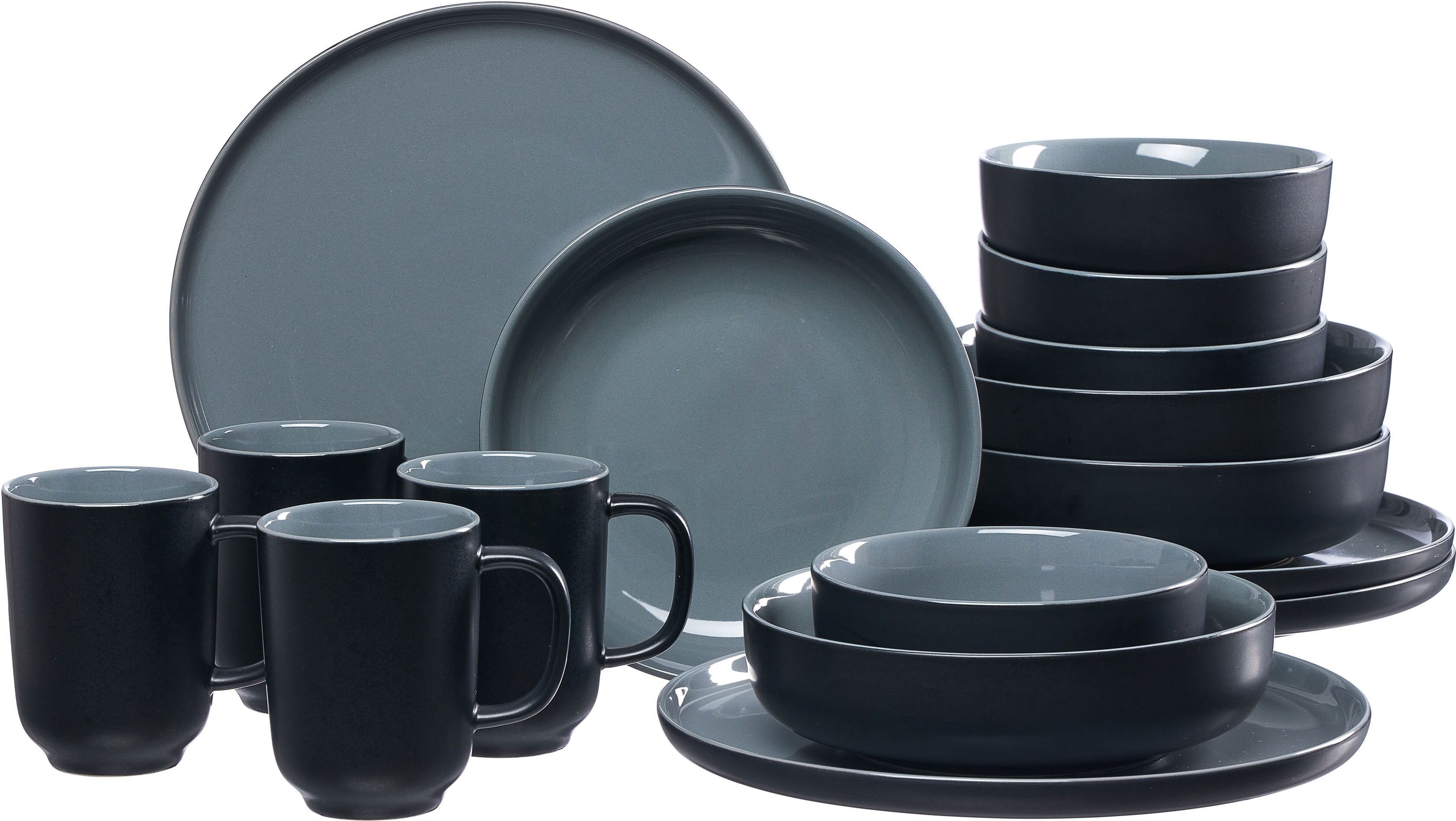 Kombiservice RITZENHOFF & BREKER "Geschirr-Set, Service Jasper", schwarz, 16 Stk., Steinzeug, Geschirr-Sets, Kombiservice, im Scandic Style, 16 Teile, für 4 Personen schwarz 16 Stk.