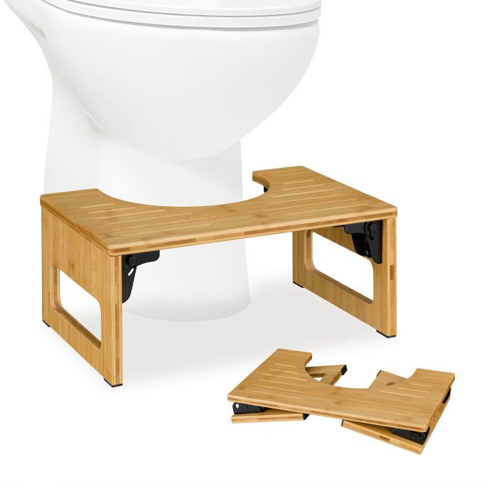 Relaxdays Inklapbaar wc krukje van bamboe voor volwassenen, Natuur, H 18,5 x B 43 x D 27,5 cm