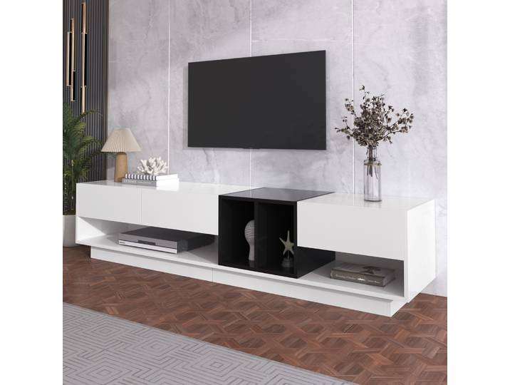 Meuble TV de luxe moderne 190x40x34cm blanc, meuble TV grand espace de rangement, meuble bas avec tiroirs, pour chambre et salon