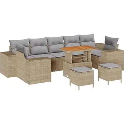 vidaXL 10-teiliges Gartensofa-Set mit Kissen in Beige aus Poly-Rattan und Akazie