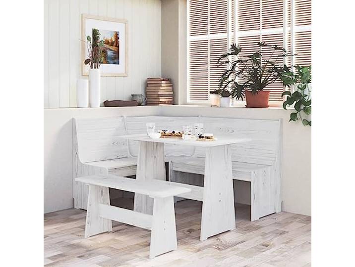WEMYUFURN Esstisch mit Bank Weiß Massivholz Kiefer, Tisch für Mahlzeiten, Küchentisch, Esszimmertisch für Esszimmer und Küche