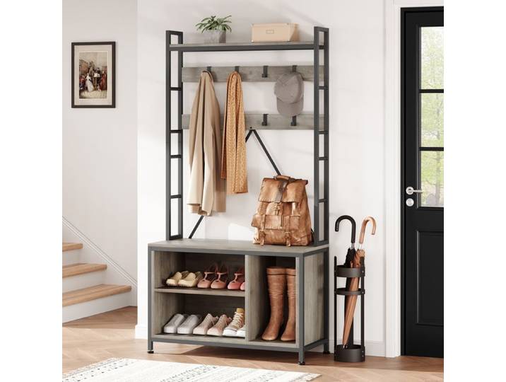 Porte-Manteau avec Étagère à Chaussures - HOERFURIY - Meuble d'Entrée avec Banc - Style Industriel-GRIS