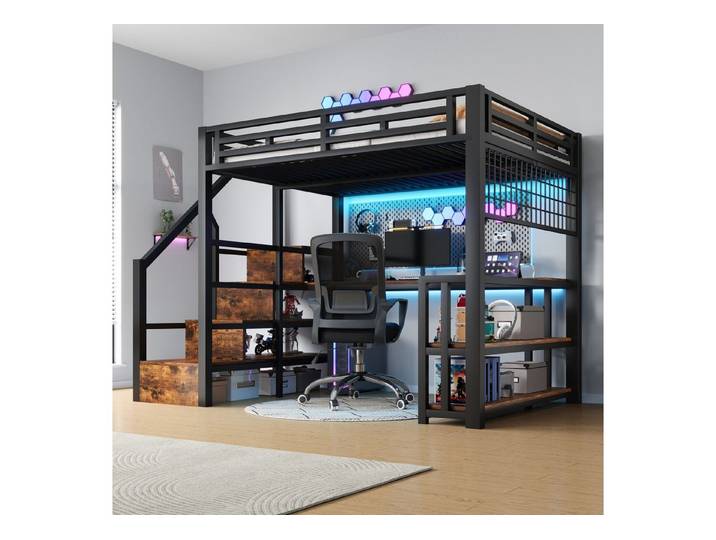 Flieks Hochbett Kinderbett Metall 140x200cm mit Lichtleiste Schreibtisch USB-Aufladen