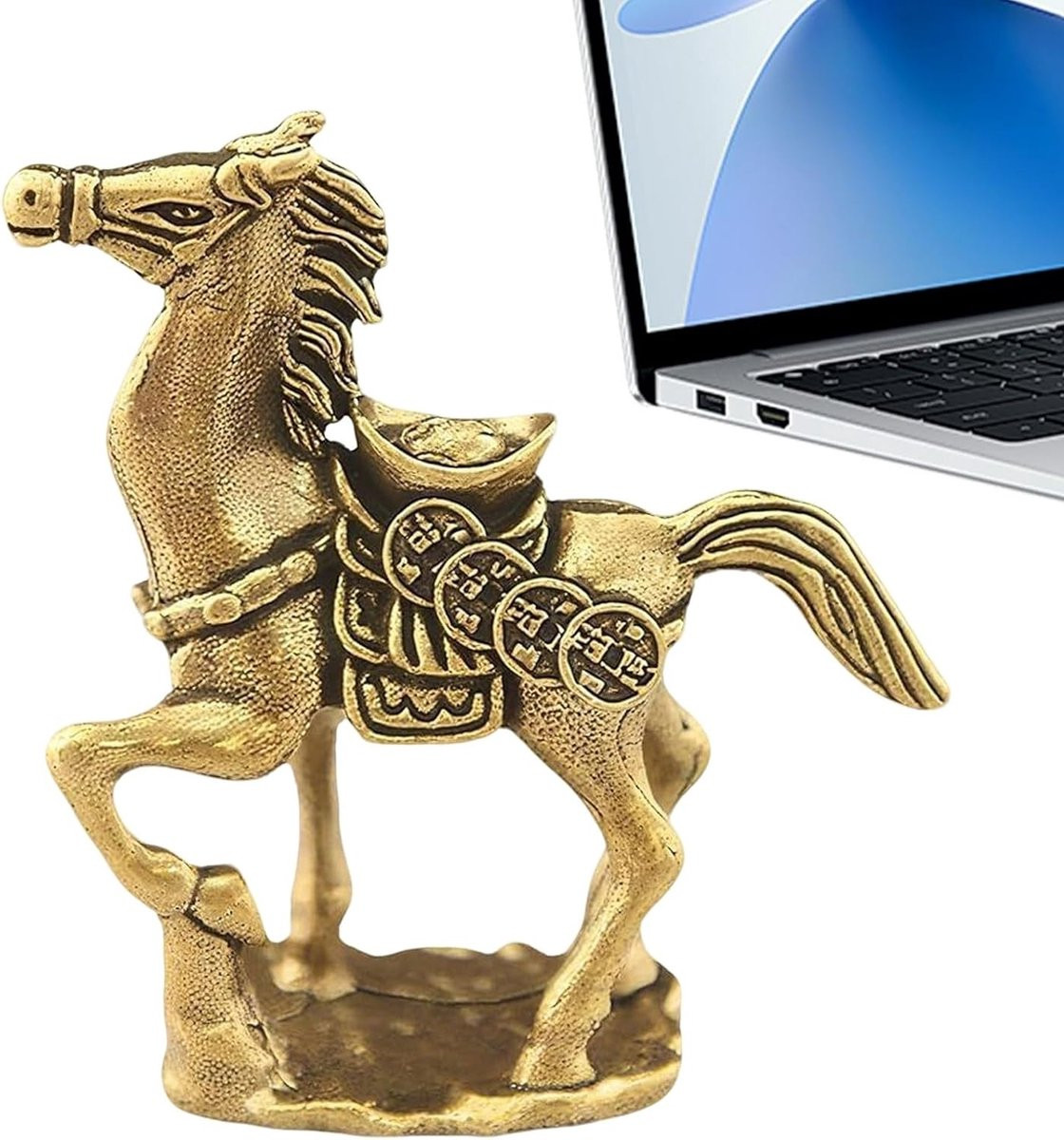 Goudkleurig messing paardenbeeldje voor decoratie, Breedte: 5,3 cm