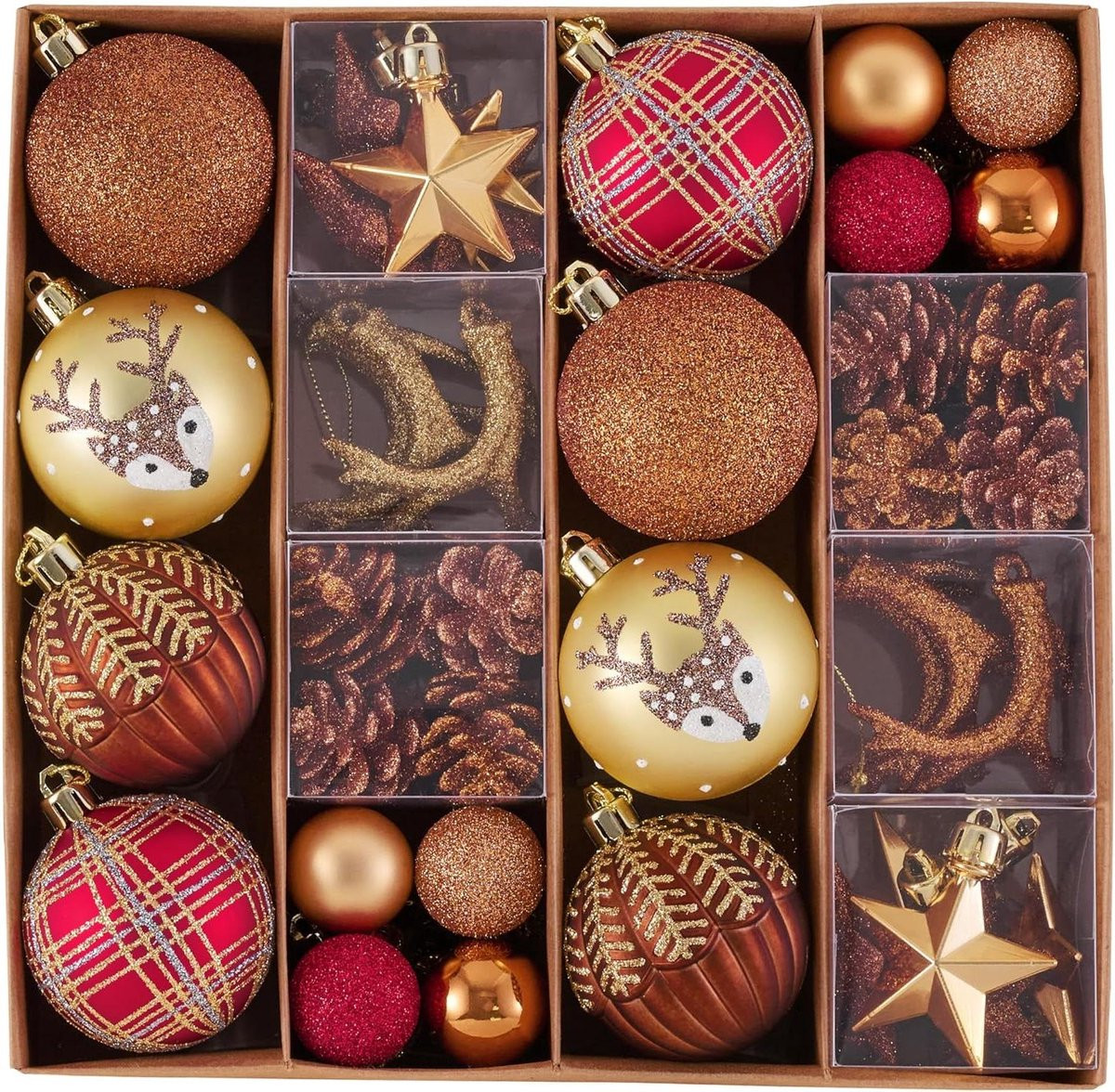 Set van 60 onbreekbare kerstballen in kopergoud voor kerstboomdecoratie