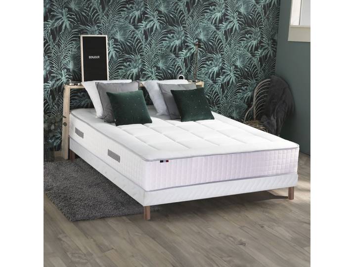 Matelas ressort 7 zones sommier oreiller couette 140x190 blanc