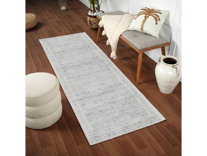 LIVABLISS Tapis de Couloir à Poils Courts Doux Vintage Oriental VICKY 80x220cm Ivoire/Gris