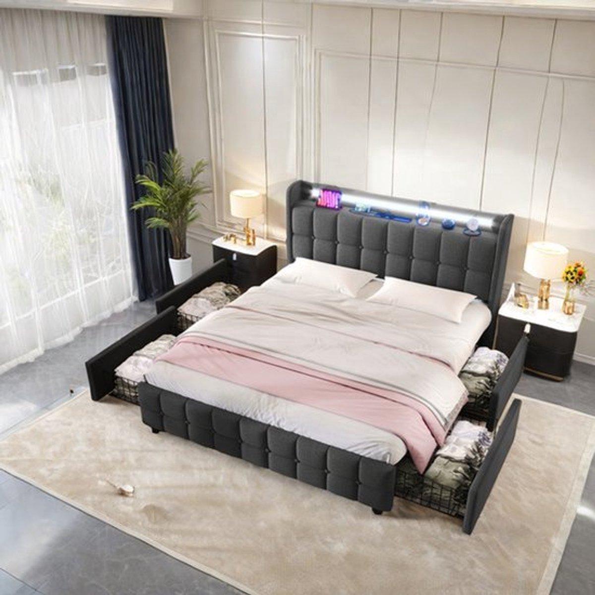 Doppelbett, bezogen - Stilvolles Design mit Leinenoptik - Mit Stauraum und Lattenrost