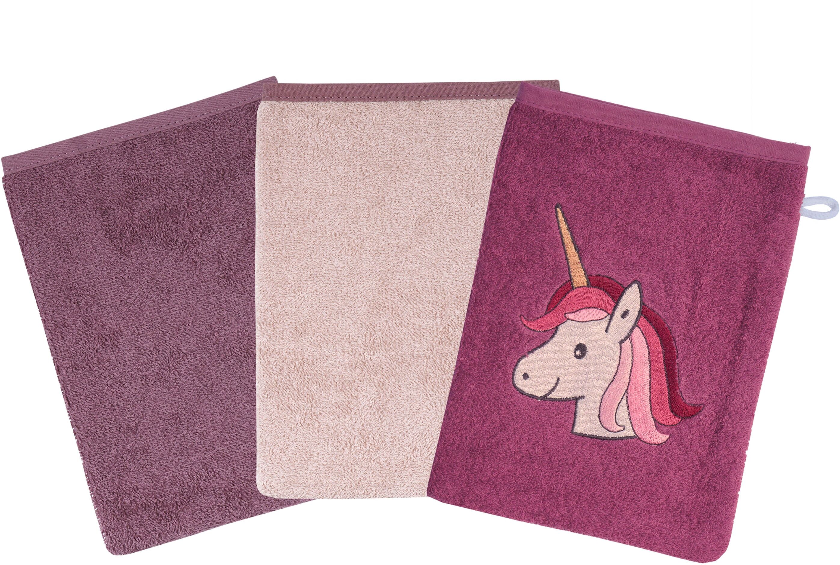 Waschhandschuh WÖRNER "Einhorn", mauve, B:15cm L:21cm, Frottee, Handtücher, Waschhandschuh, 3er-Set, mit Stickerei mauve B/L: 15cmx21cm, 3 Stk., Einhorn