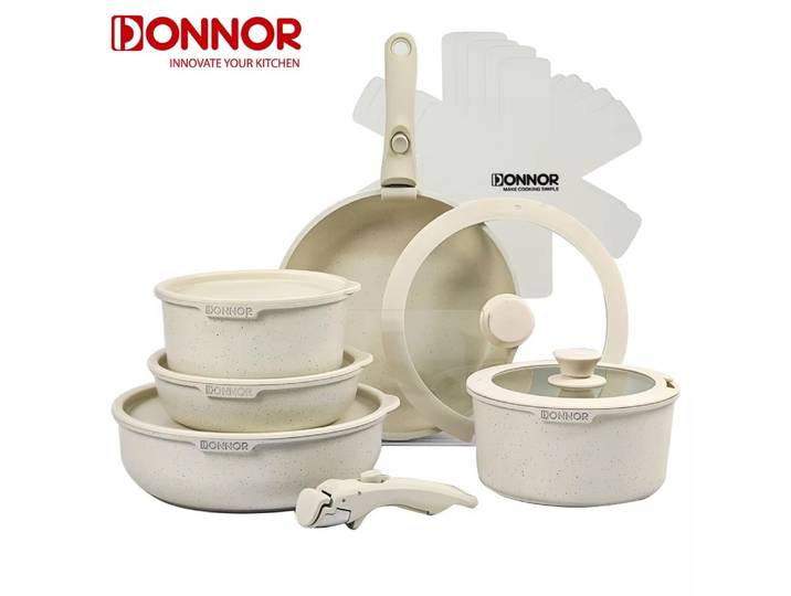DONNOR 17 pièces ensemble de casseroles et poêles en aluminium moulé sous pression ensemble d'ustensiles de cuisine antiadhésives ustensiles de cuisine lavables au lave-vaisselle Support Induction