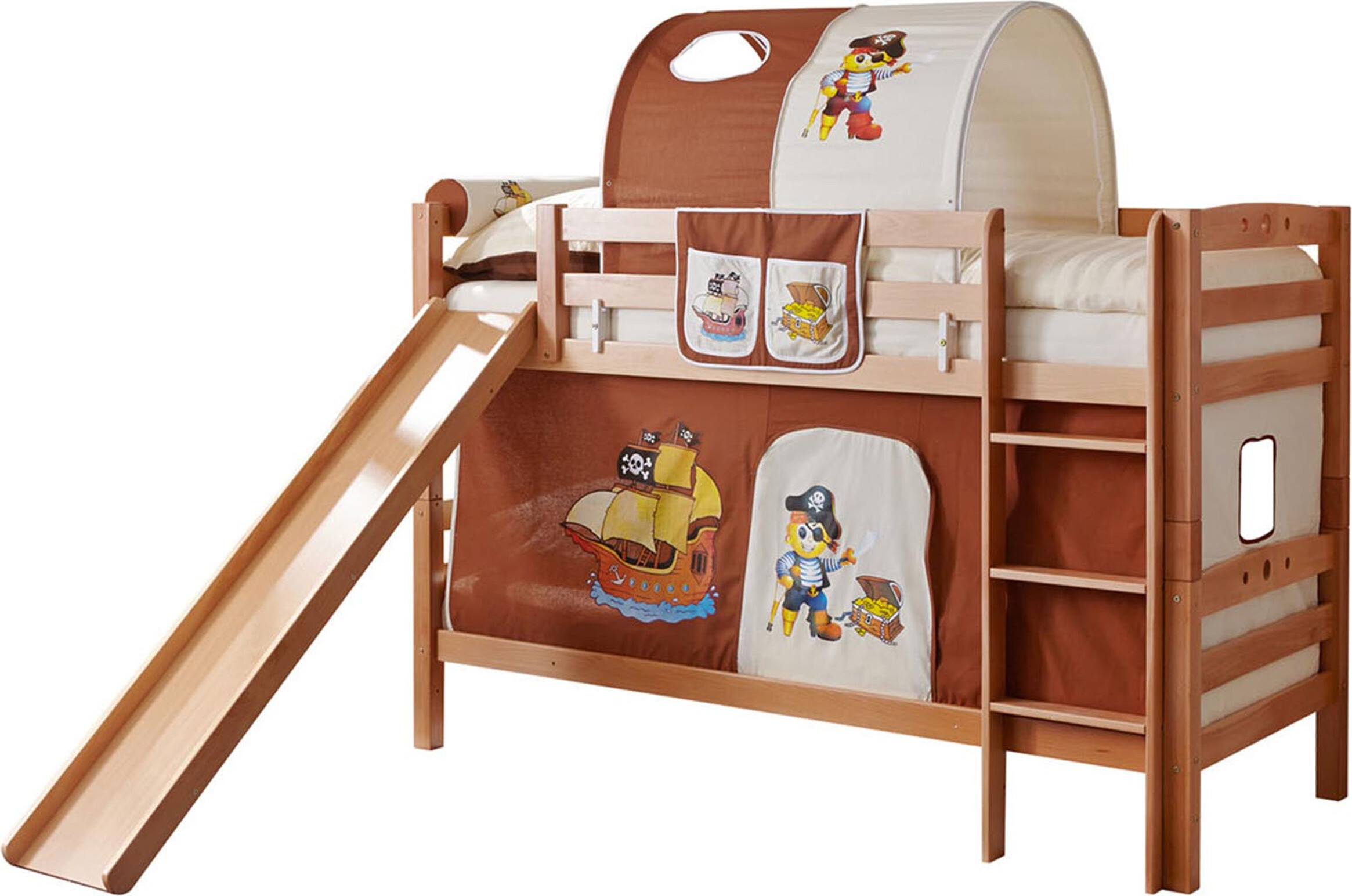 Etagenbett mit Rutsche Doppelbett Buche massiv Natur, Vorhangstoff:Pirat Braun Beige