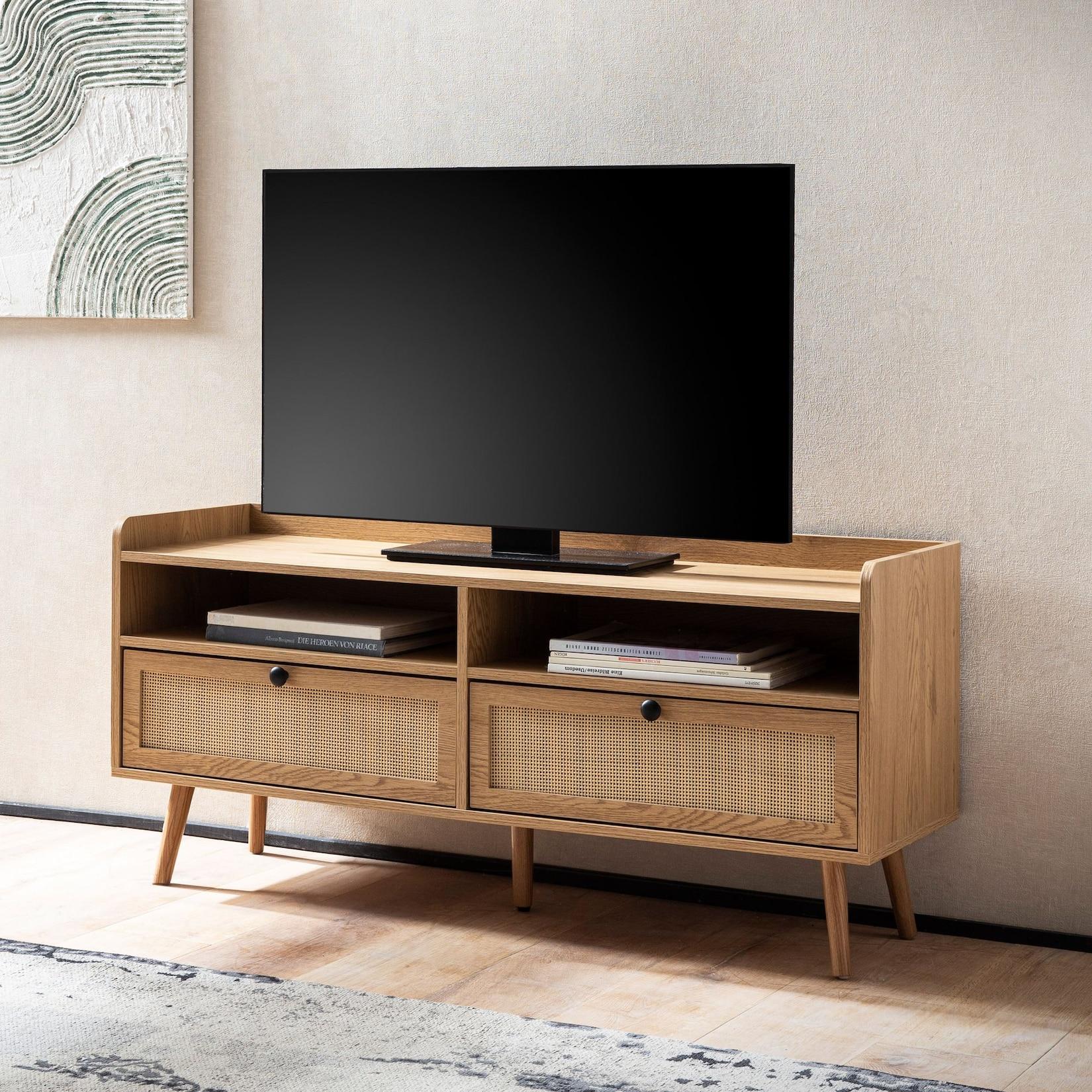TV-Board 120cm Kommode Ablage & 2 Schubladen Wiener Geflecht Ratten Fernsehschrank Lowboard
