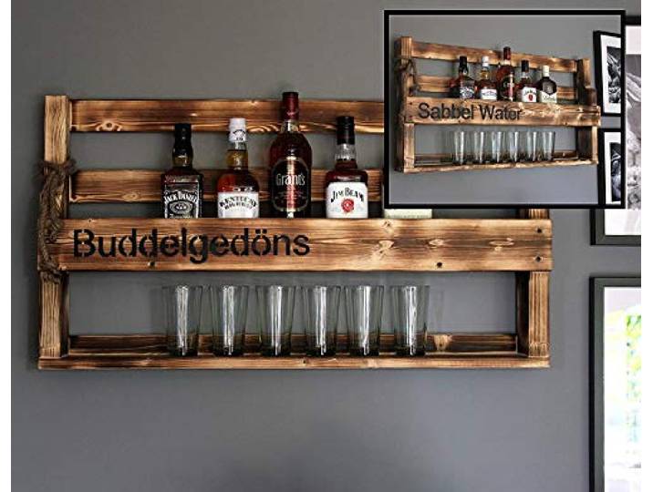 Dekorie Holz Whiskey Regal mit Gläserhalter Vintage Shabby mit Druck fertig montiert für den Wohnbereich 14T x 90B x 50H cm (Braun (geflammt)) (Buddel Gedöns (geflammt))