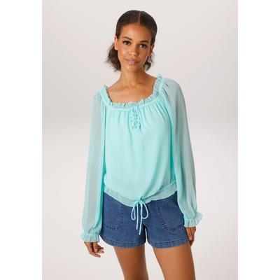 Schlupfbluse ANISTON CASUAL, Damen, Gr. 34, blau (aqua), Chiffon, Obermaterial: 100% Polyester, Strukturmuster, transparent, unifarben, lässig geschnitten hüftlang, Carmenausschnitt, Raglanärmel Rüschen, Blusen Schlupfbluse, aus strukturiertem Chiffon