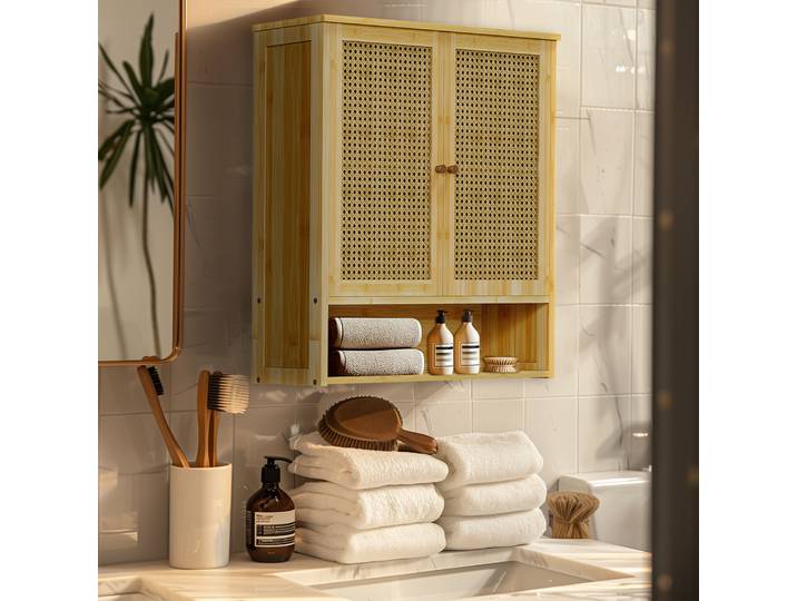 Armoire à médicaments murale en bois, étagère de cuisine avec 2 portes en rotin