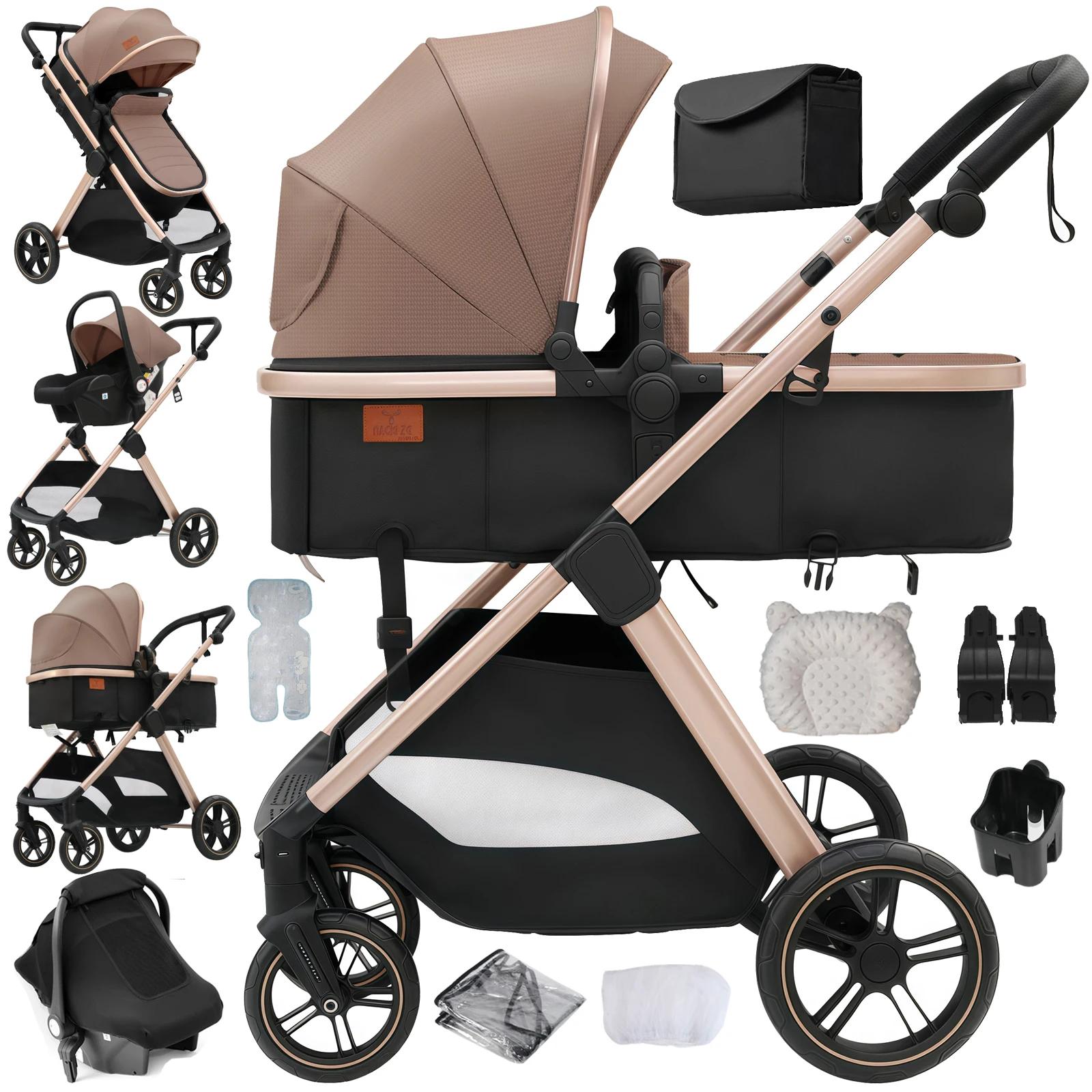 3-in-1 Kinderwagen - Reisesystem mit Babyschale - Wendeaufsatz - Faltbar - Autositzkompatibel - Belastbarkeit 20 kg - Khaki